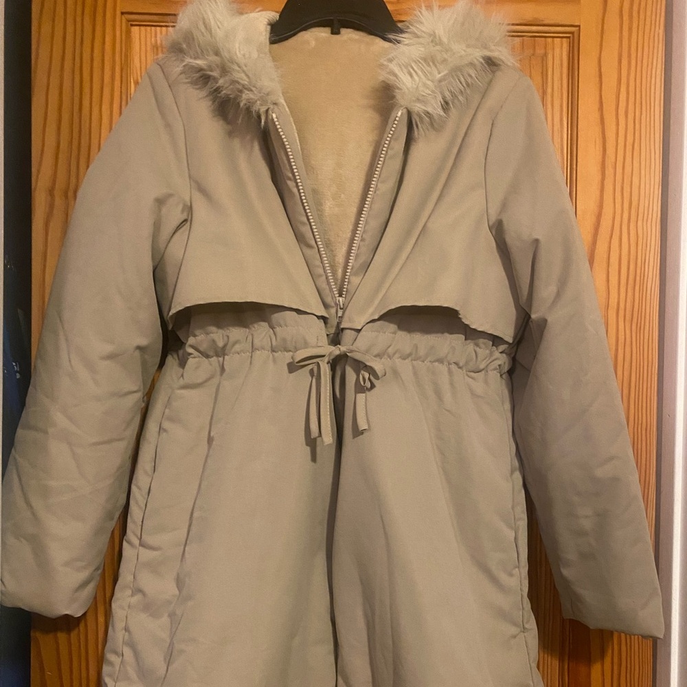 SHEIN Beige Hooded Puffer Coat with Faux Fur